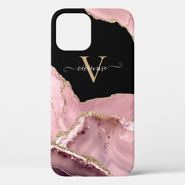 Funda De Case-Mate Para iPhone Monograma de brillo de ágata oro rosa (Reverso )