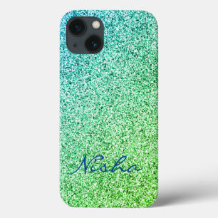 Funda Para iPhone 13 Monograma de brillo de purpurina verde