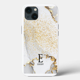 Funda Para iPhone 13 Monograma de brillo dorado en mármol blanco chic