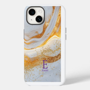 Funda Para iPhone 14 De Case-Mate Monograma de brillo dorado mármol blanco chic