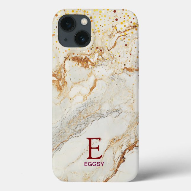 Funda De Case-Mate Para iPhone Monograma de brillo dorado mármol blanco chic (Reverso)