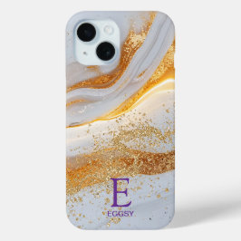 Funda Para iPhone 15 Monograma de brillo dorado mármol blanco chic