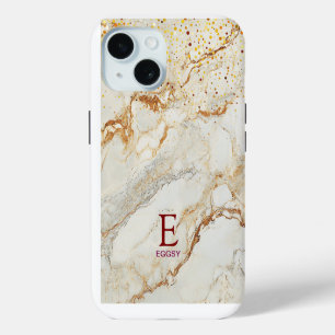 Funda Para iPhone 15 Monograma de brillo dorado mármol blanco chic