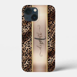 Funda Para iPhone 13 Mini Monograma de Bronce Negro con Estampado de Leopard