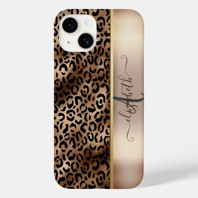 Funda De Case-Mate Para iPhone Monograma de bronce negro patrón leopardo (Reverso )