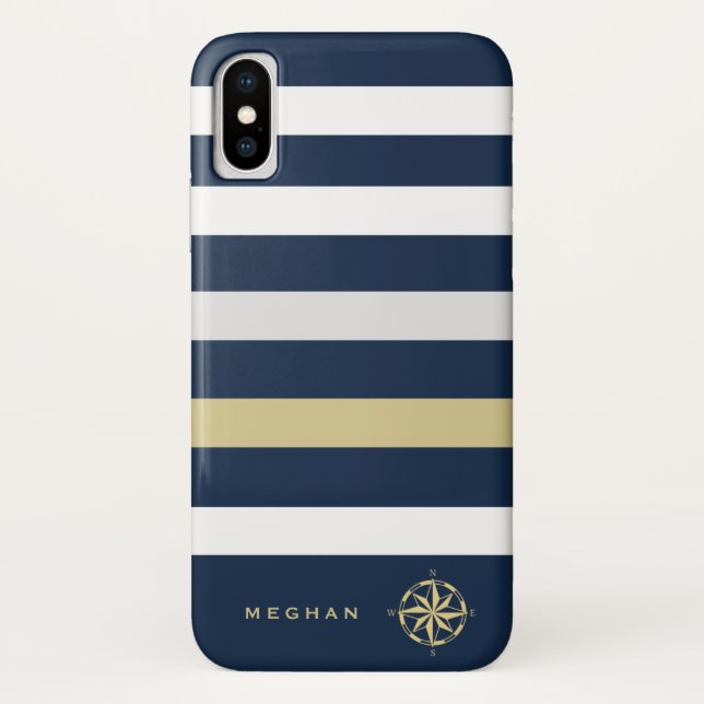 Funda De Case-Mate Para iPhone monograma de brújula de franjas náuticas (Reverso)
