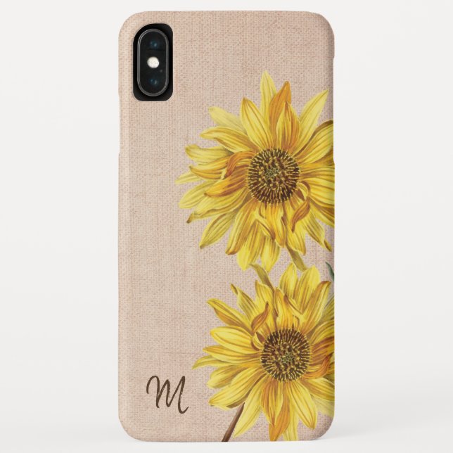 Funda De Case-Mate Para iPhone Monograma de Burlap y Sunflower rústicos (Reverso)