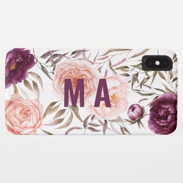 Funda De Case-Mate Para iPhone Monograma de caída floral color morado + melocotón (Reverso (horizontal))