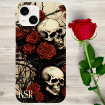 Monograma de calaveras góticas y rosas rojas