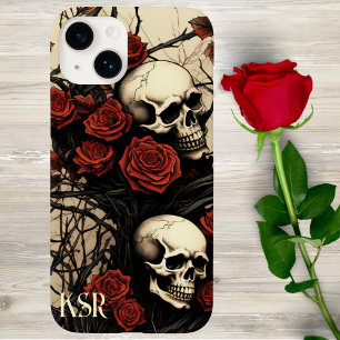 Funda Para iPhone 14 De Case-Mate Monograma de Calaveras Góticas y Rosas Rojas