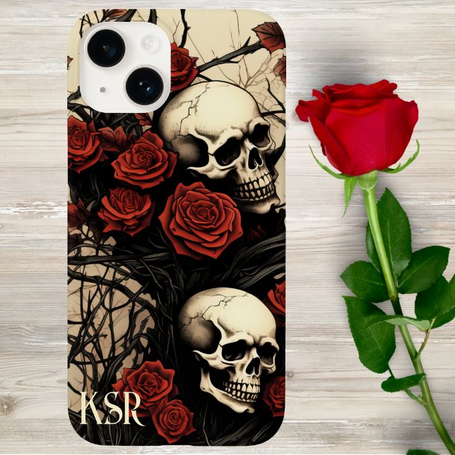 Funda De Case-Mate Para iPhone Monograma de calaveras góticas y rosas rojas (Subido por el creador)