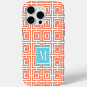 Funda Para iPhone 15 Pro Max Monograma de celosía cuadrada Preppy Coral y Turqu