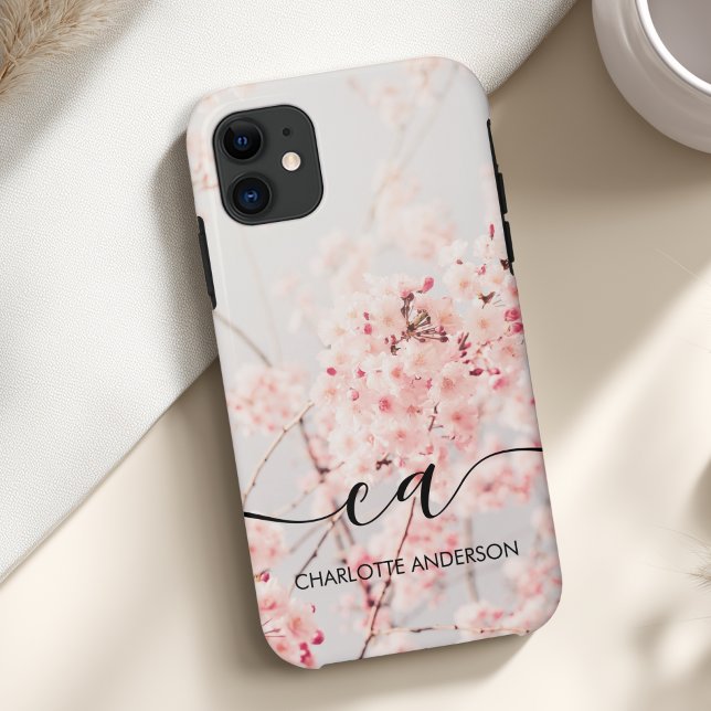 Funda De Case-Mate Para iPhone Monograma de cerezo Blossom Personalizado elegante (Cherry Blossom Monogram Elegant Custom Case-Mate iPhone Case with your Monogram, Name or Text.)