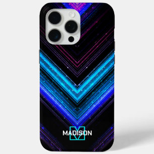 Funda Para iPhone 15 Pro Max Monograma de Chevron metálico brillante neon aqua 