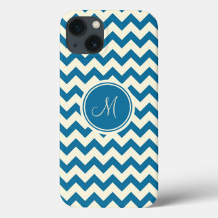 Funda Para iPhone 13 Monograma De Chevron Oscuro Azul Y Beige Retro