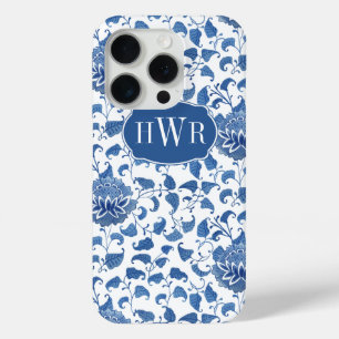 Funda Para iPhone 15 Pro Monograma de Chinoiserie clásico azul y blanco