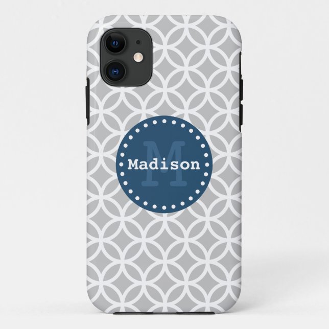 Funda De Case-Mate Para iPhone Monograma de Círculos Modernos Azul Gris Blanco (Reverso)
