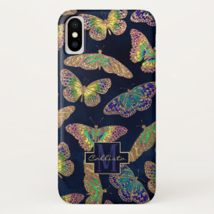 Funda Para iPhone X Monograma de color agua Purpurina de mariposas dor
