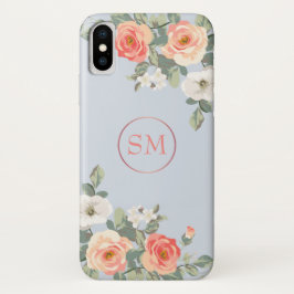 Funda Para iPhone X Monograma de color azul turbio Rosa de melocotón