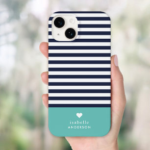Funda Para iPhone 14 De Case-Mate Monograma de corazón con rayas azul marino y aqua