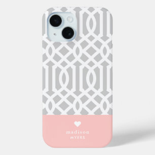 Funda Para iPhone 15 Monograma de corazón en enrejado rosa y gris