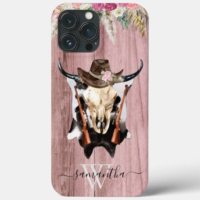 Funda De Case-Mate Para iPhone Monograma de Cowboy Cow Cow Rosa Western (Reverso )
