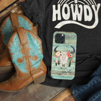 Monograma de cráneo de vaca de madera turquesa occ