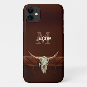 Funda Para iPhone 11 Monograma de cráneo marrón rústico país occide