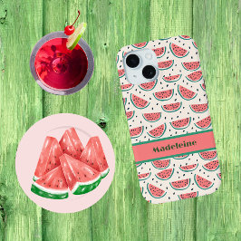 Funda Para iPhone 15 Monograma de crema de patrón de sandía verde rosad