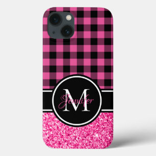 Funda Para iPhone 13 Monograma de cuadros de búfalo con brillo negro y