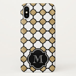 Funda Para iPhone X Monograma de Cuatrefoil Blanco Blanco Negro de Oro
