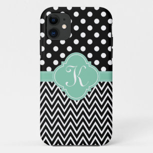 Funda Para iPhone 11 Monograma de Cuatrefoil Chevron con puntos de polk