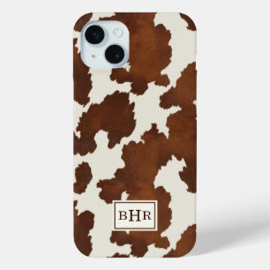 Funda Para iPhone 15 Mini Monograma de Cuero de Vaca Marrón