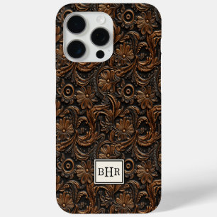 Funda Para iPhone 15 Pro Max Monograma de cuero marrón vintage trabajado