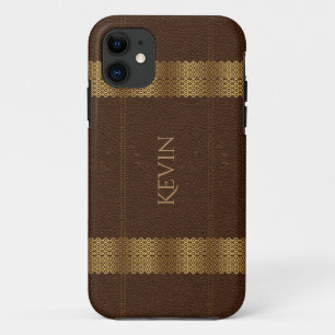 Funda Para iPhone 11 Monograma de cuero marrón y rayas doradas