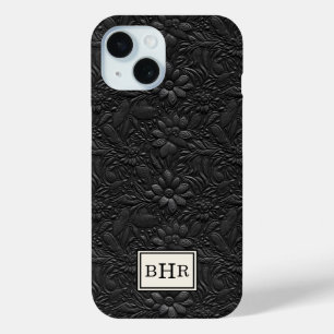 Funda Para iPhone 15 Monograma de cuero negro vintage trabajado