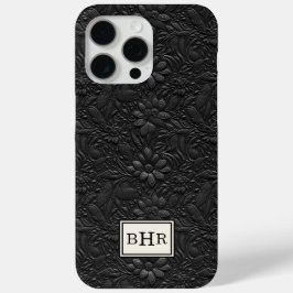Funda Para iPhone 15 Pro Max Monograma de cuero negro vintage trabajado