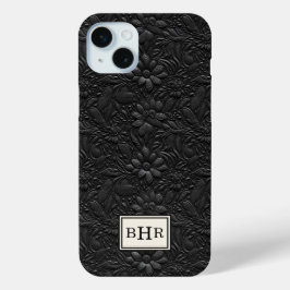 Funda Para iPhone 15 Mini Monograma de cuero negro vintage trabajado