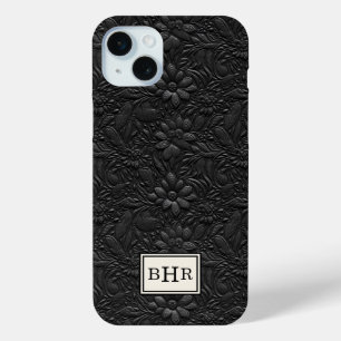 Funda Para iPhone 15 Mini Monograma de cuero negro vintage trabajado