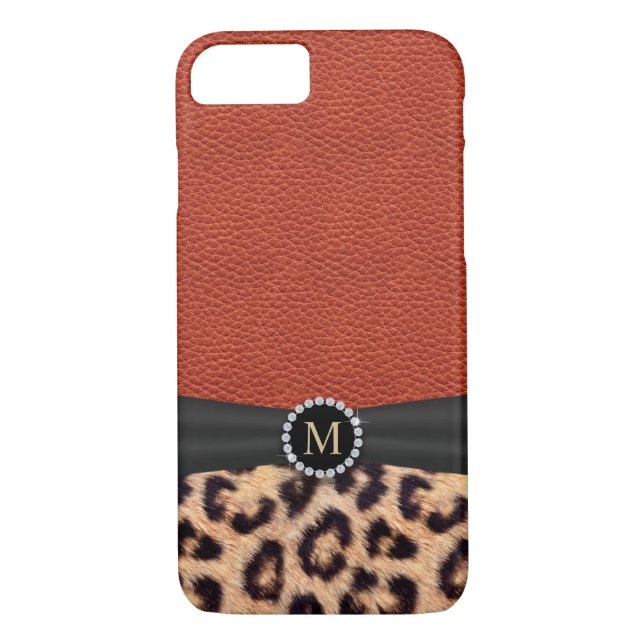 Funda De Case-Mate Para iPhone Monograma de cuero rojo del estampado leopardo (Reverso)