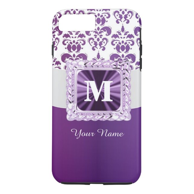 Funda De Case-Mate Para iPhone Monograma de damasco morado y blanco (Reverso)