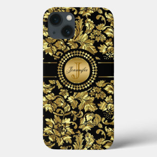 Funda Para iPhone 13 Monograma de damascos de oro negro y metálico
