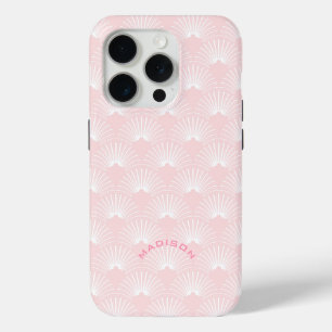 Funda Para iPhone 15 Pro Monograma de deco de arte blanco y rosa claro