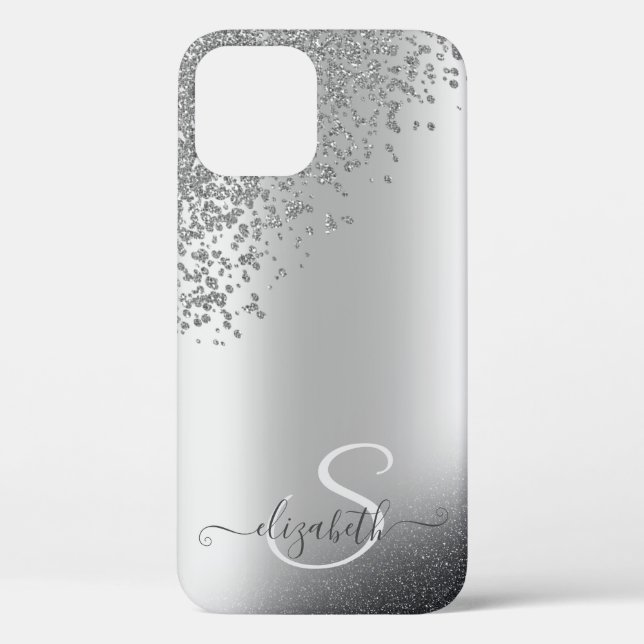 Funda De Case-Mate Para iPhone Monograma de Diamantes Brillantes de Plata Fría (Reverso )