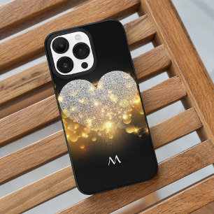 Funda Para iPhone 14 Pro Max De Case-Mate Monograma De Diamantes Espumosos Corazón Negro Y L