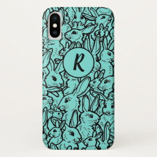 Funda Para iPhone X Monograma de dibujo de conejo Verde azulado capric