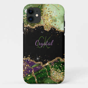 Funda Para iPhone 11 Monograma de edad verde y morado Purpurina moderno