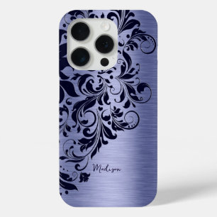 Funda Para iPhone 15 Pro Monograma de encaje azul y azul oscuro