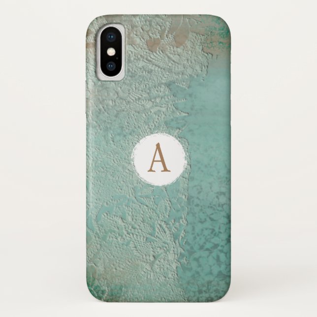 Funda De Case-Mate Para iPhone Monograma de encaje falso azul verdoso rústico vin (Reverso)