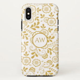 Funda Para iPhone XS Monograma de encaje floral victoriano dorado y bla